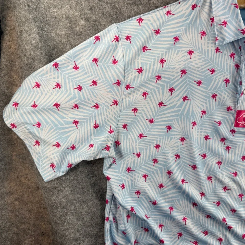 Pins & Aces Polo Shirt Men XXL Blue Pink Tropical Palm Tree Performance Golf Tee